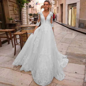 Three Quarter Sleeve Elegant Beach Wedding Dress A-Line Bridal Gown