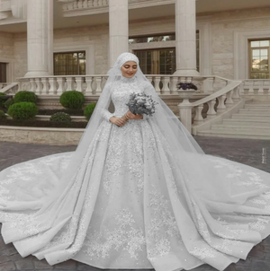 Long Sleeve Sparkly A-Line Muslim Arabic Bride Gown Elegant Classic Floor-length Wedding Gown