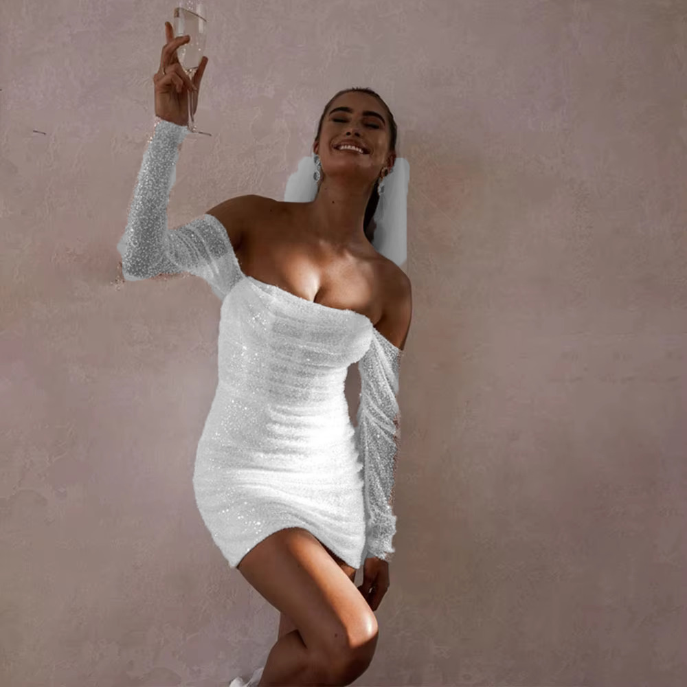 Simple Off Shoulder Sequins Glitter Wedding Dress See-through Short Mi Elsi John Simple Off Shoulder Sequins Glitter Wedding Dress See-through Short Mi Elsi John