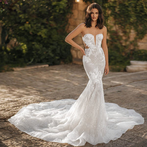 Sexy Illusion Strapless Lace Mermaid Wedding Dress Exquisite Bridal Gown