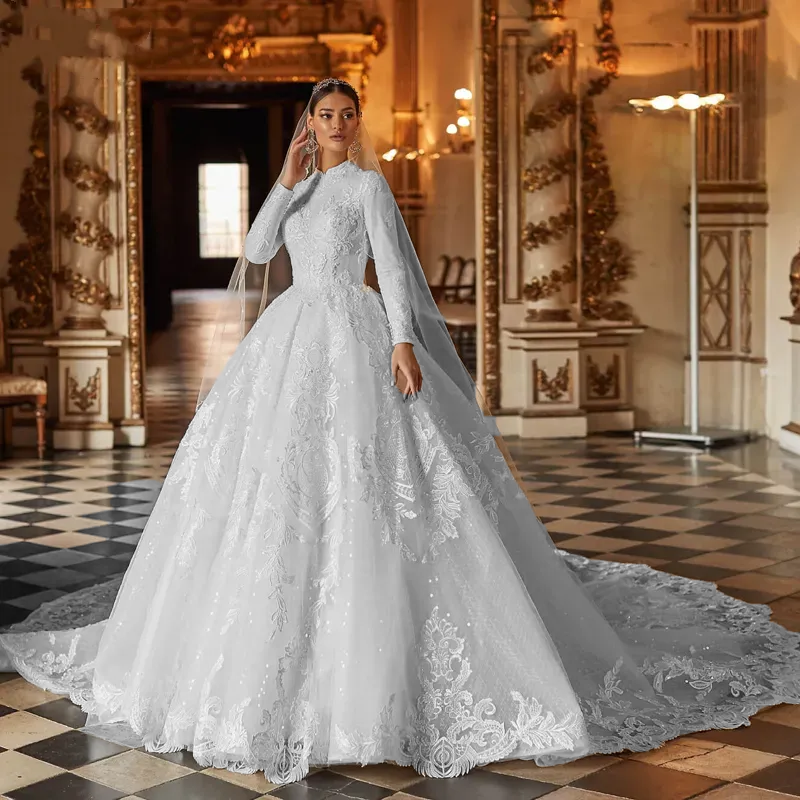 Gorgeous Appliques A-Line Chapel Train Ball Gown Muslim Wedding Elegan Elsi John Gorgeous Appliques A-Line Chapel Train Ball Gown Muslim Wedding Elegan Elsi John