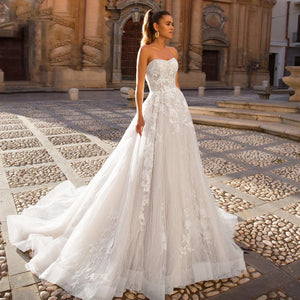 A-Line Vintage Lace Off the Shoulder Wedding Gown with Court Train