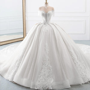 High Neck Gorgeous Ball Gown Wedding Dress With Shiny Beading Sleeves