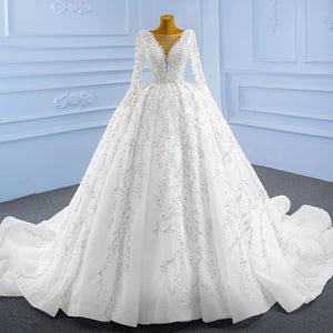 Beading Pearls Vintage Ball Gown Wedding Dress Long Sleeve Gorgeous Bridal Gown
