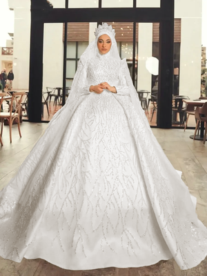 Luxury High Collar Muslim Wedding Dress Ball Gown Puff Long Sleeves Arabic Bridal Gown