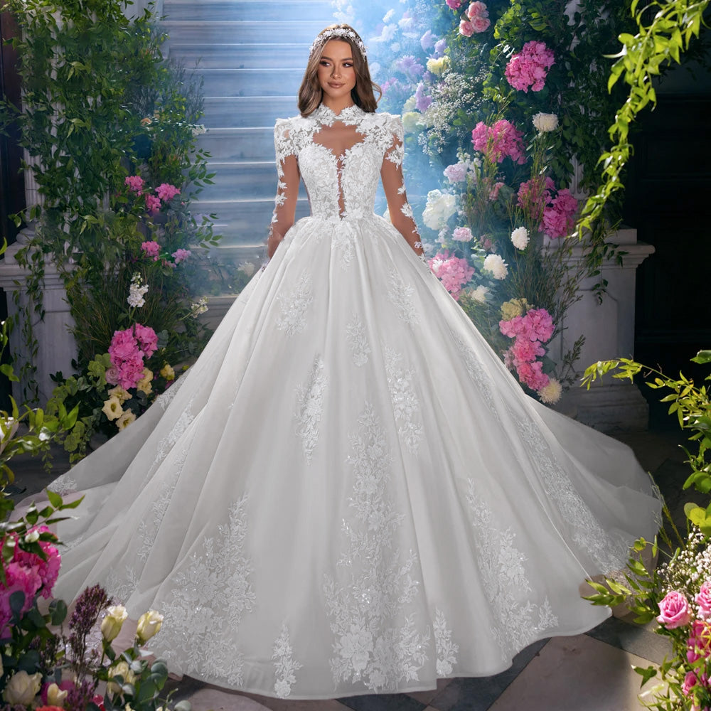 A-Line Elegant Princess Wedding Dresses High Neck Long Sleeve Romantic Elsi John A-Line Elegant Princess Wedding Dresses High Neck Long Sleeve Romantic Elsi John