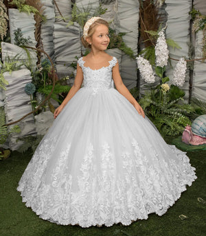 Puffy Appliques Long Bow Sleeveless Beaded Tulle Girls Dress