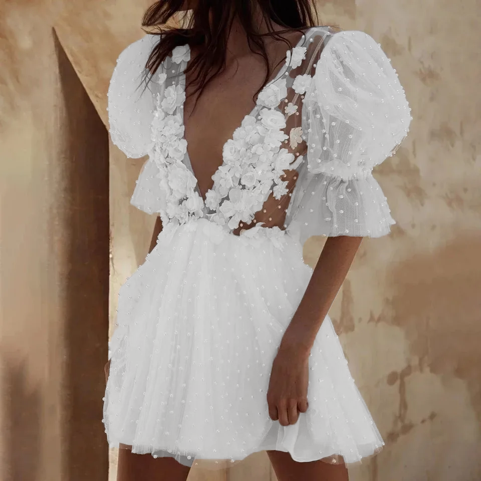 Short Backless Wedding Dress with Illusion Half Sleeves Pearls Floral Elsi John Short Backless Wedding Dress with Illusion Half Sleeves Pearls Floral Elsi John