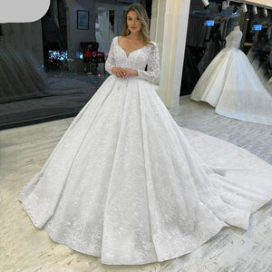 Long Sleeve Ball Gown Wedding Dress Beading Appliques Bridal Dress