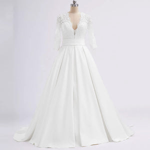 Long Sleeve A-Line Wedding Dress Sexy Deep V Neck Chapel Train Appliques Bridal Gown Plus Size