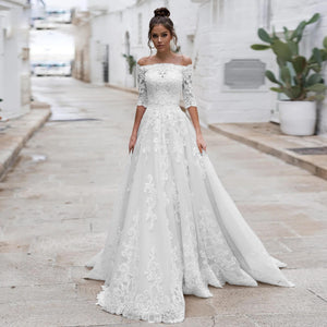 Half Sleeve Lace Princess A-Line Wedding DressLuxury Boat Neck Court Train A-Line Bride Gown