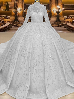 High Neck Ball Gown Wedding Dress With Luxury Beads Sequins Long Sleeve Bride Dresses Long Train Bridal Gown Real Images
