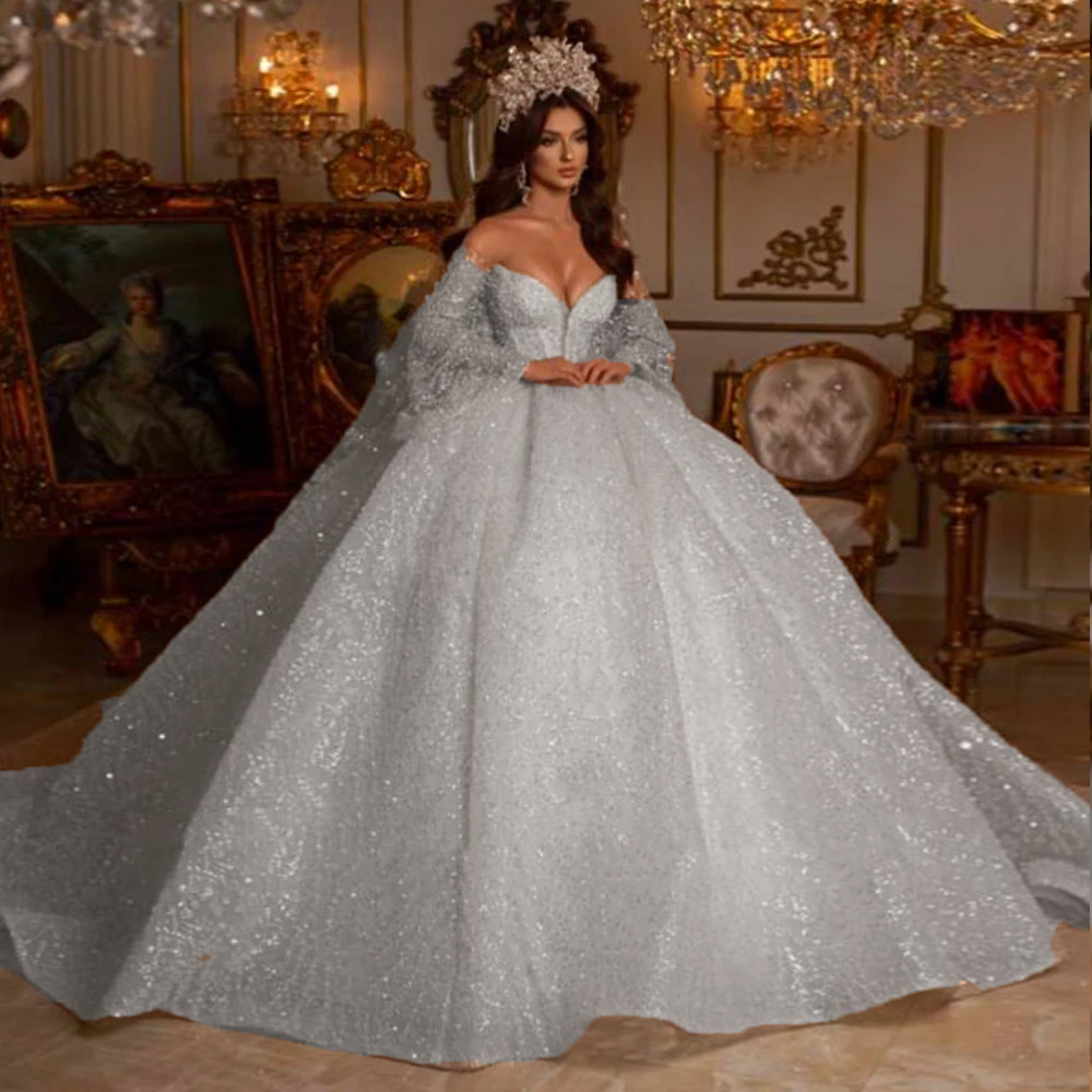 Off the Shoulder Glitter Ball Gown Wedding Dress V Neck Beading Vestid Elsi John Off the Shoulder Glitter Ball Gown Wedding Dress V Neck Beading Vestid Elsi John