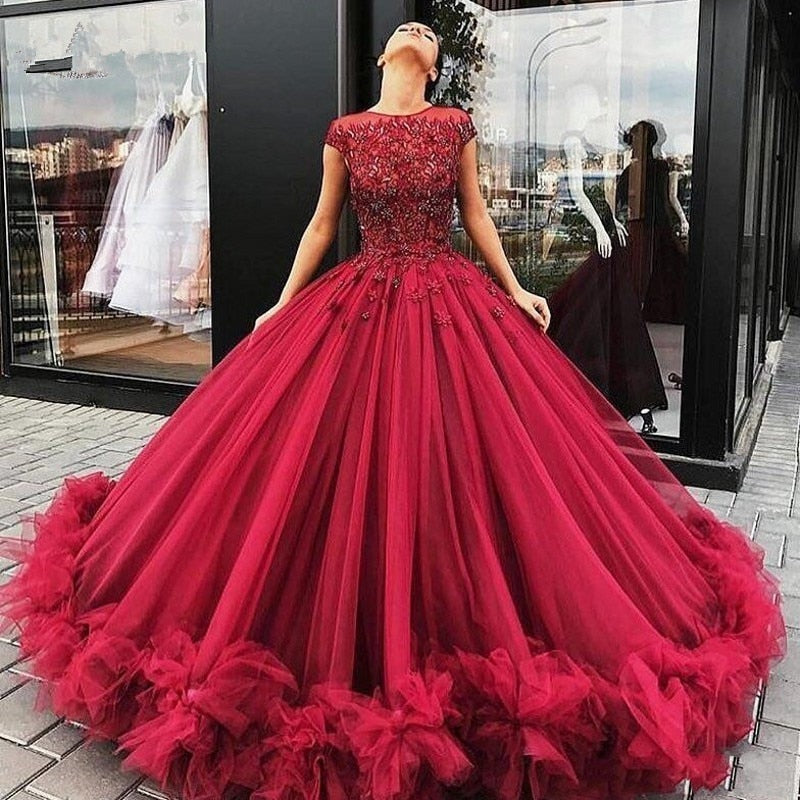 wedding dresses dark red Strapless Tiered Ball Gown Prom Dress Ruffled Lace Dr Viniodress making it a true work of art Dark Red Ball Gown Lace