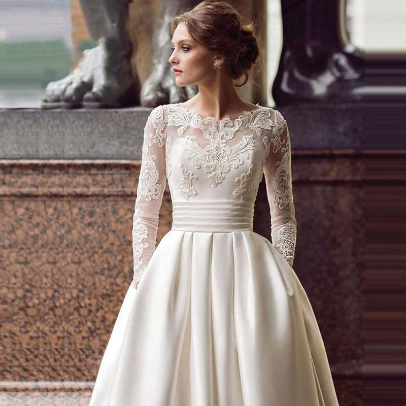 Long Sleeve A Line Satin Wedding Gown with Train Lace Appliques Elsi John