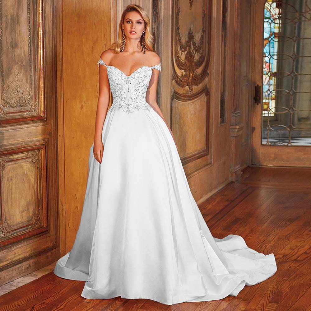 Full-length view of an elegant off-shoulder A-line satin wedding dress, perfect for a grand bridal look.