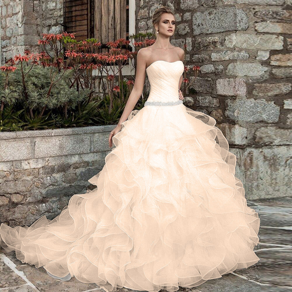 Soft, romantic bridal photography featuring a princess-style wedding dress with an ivory-toned finish, perfect for a whimsical or fairy-tale wedding.