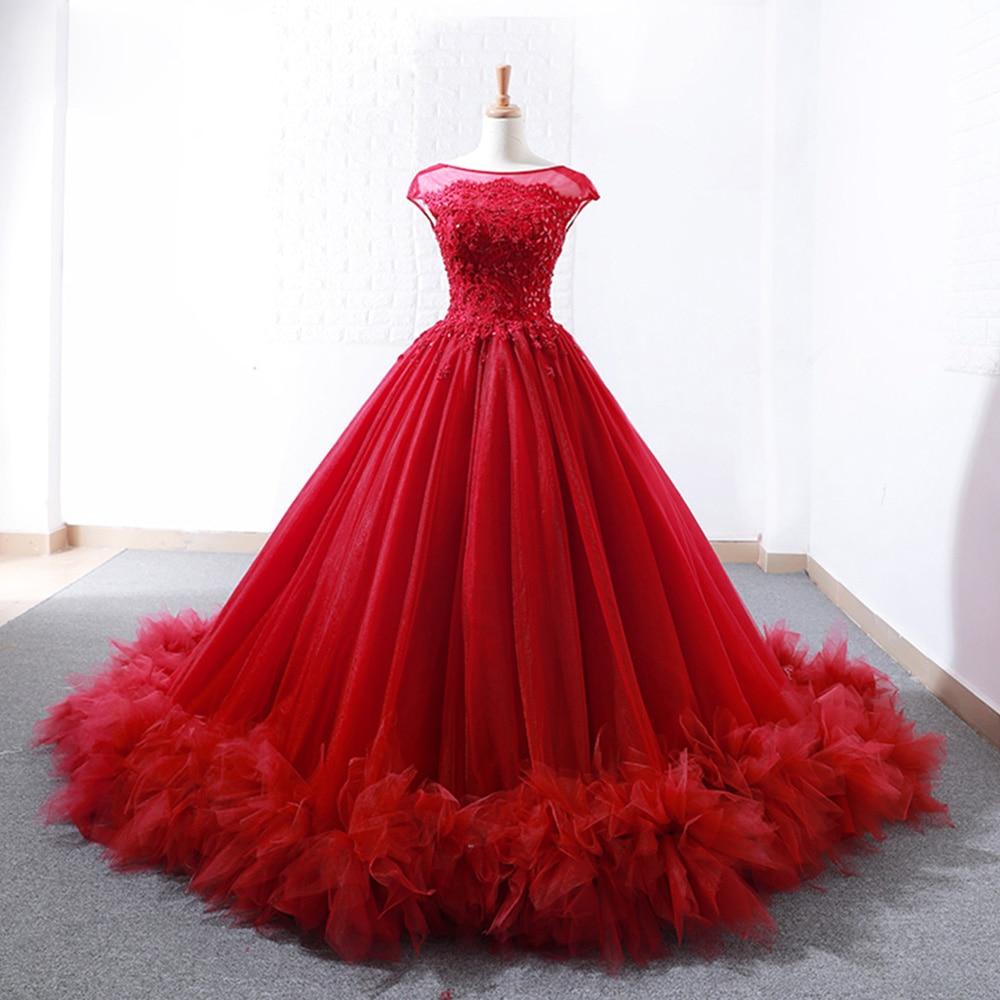 Elegant Long Ball Gown Beading Crystal Red Wedding Dress Evening Gown