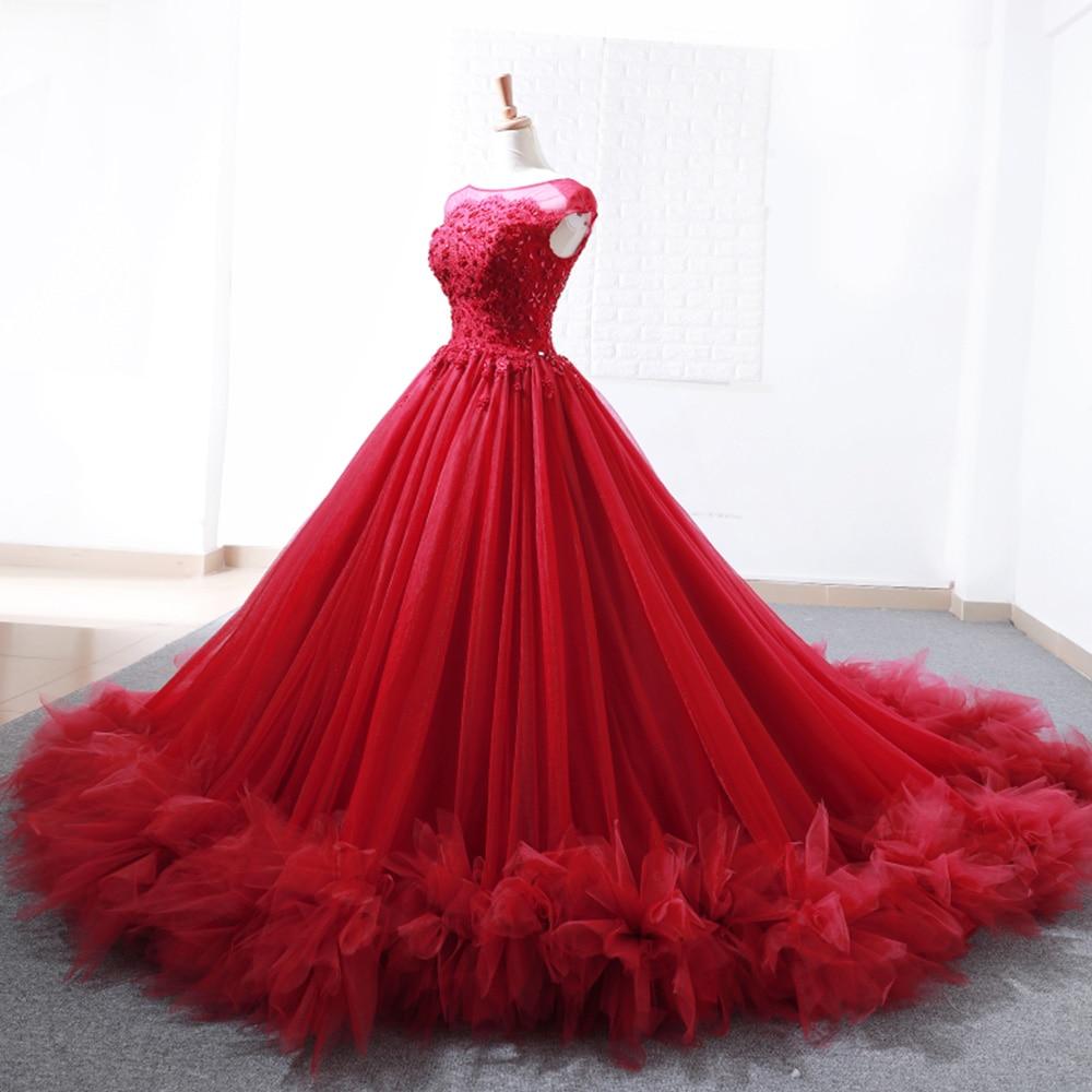 Elegant Long Ball Gown Beading Crystal Red Wedding Dress Evening Gown