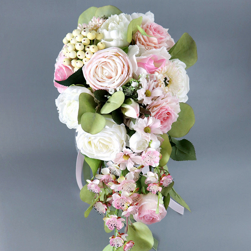 Romantic Pink Rose Waterfall Bridal Flowers Wedding Bouquet