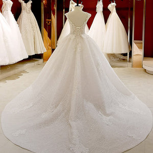 Ball Gown V-neck Backless Appliques Lace Flowers Princess Wedding Dress