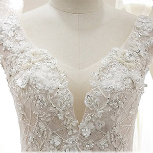 Ball Gown V-neck Elegant Appliques Lace Flowers Princess Wedding Dress
