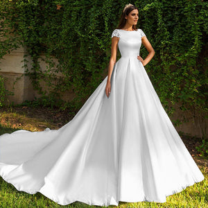 Short Sleeve Bridal Dress Beading Appliques Illusion Back France Satin Wedding Gown