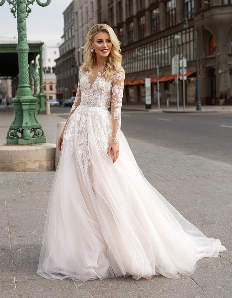 Long Sleeve Boho V Neck Ivory  Beach Bridal Dress