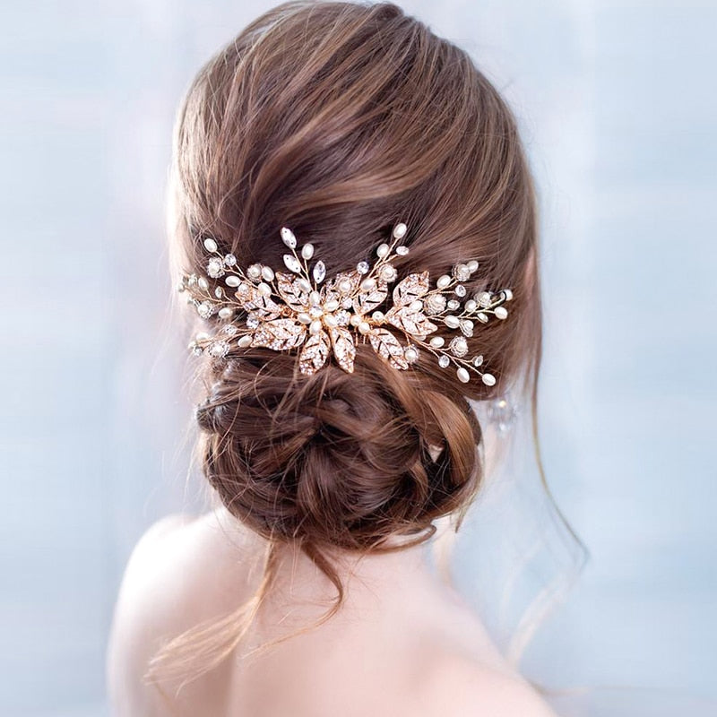 Trendy Leaf Pearl Rose Gold Hair Comb