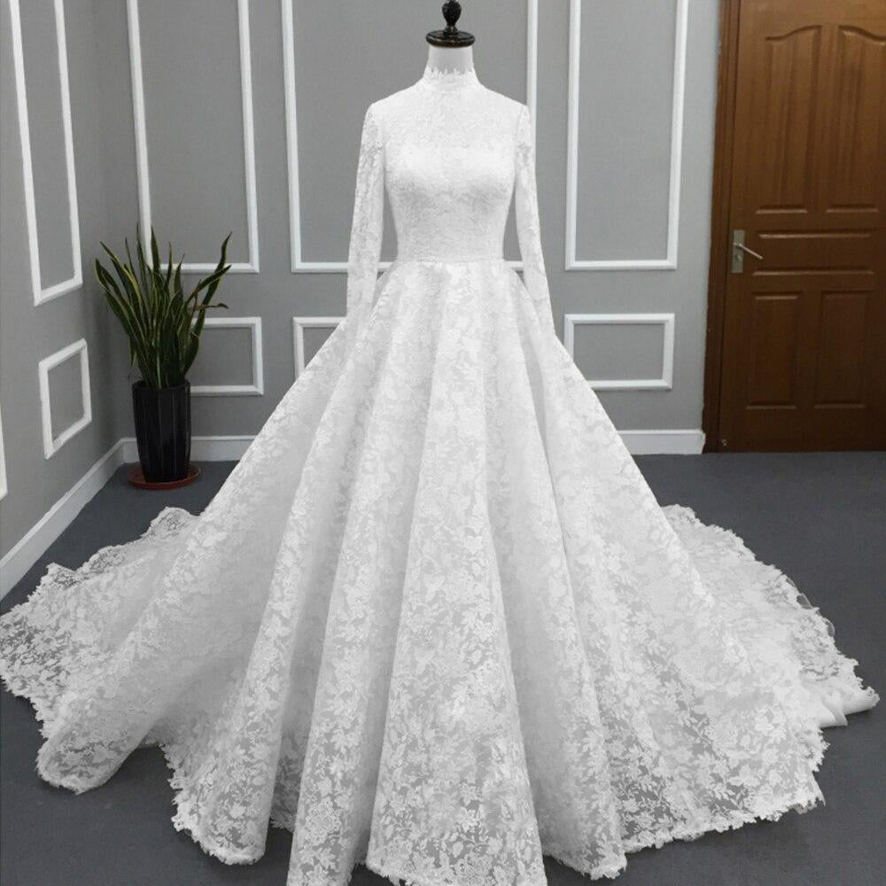 High Neck Long Sleeve Princess Lace A-line Muslim Wedding Dress With Petticoat - White / 2 High Neck Long Sleeve Princess Lace A-line Muslim Wedding Dress With Petticoat - White / 2