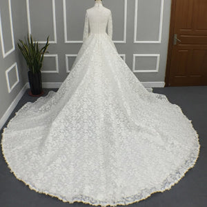 High Neck Long Sleeve Princess Lace A-line Wedding Dress With Petticoat