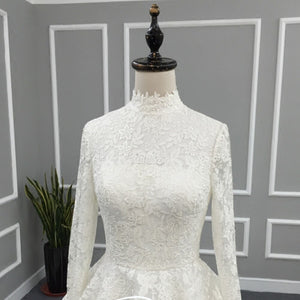 High Neck Long Sleeve Princess Lace A-line Wedding Dress With Petticoat