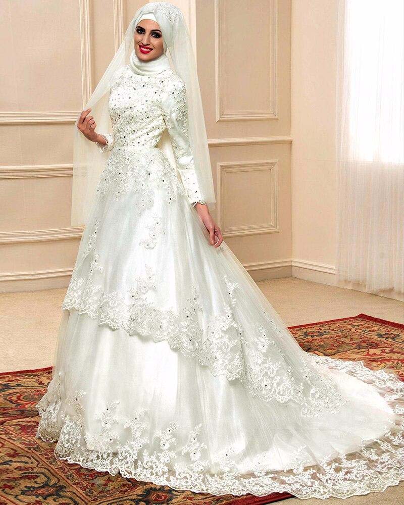 Beading Crystal A-Line Muslim Wedding Dress Elegant Arabic Bridal Gown - Ivory / 2 Beading Crystal A-Line Muslim Wedding Dress Elegant Arabic Bridal Gown - Ivory / 2