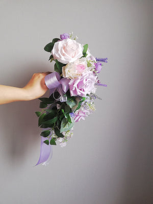 Baby Pink With Purple Roses WaterFall Bridal Bouquet
