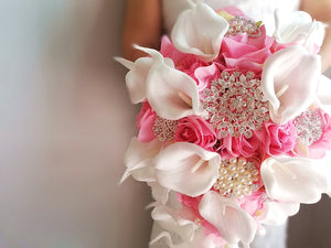 Pearls Rhinestones Peach Pink Cascading Bouquet Flowers